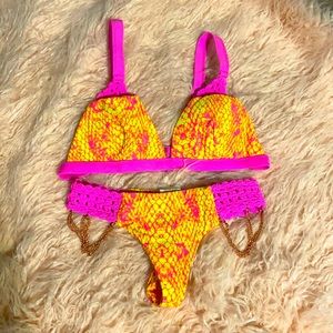 Bahimi Neon Pink Yellow Crochet Bikini with Hardware Medium
